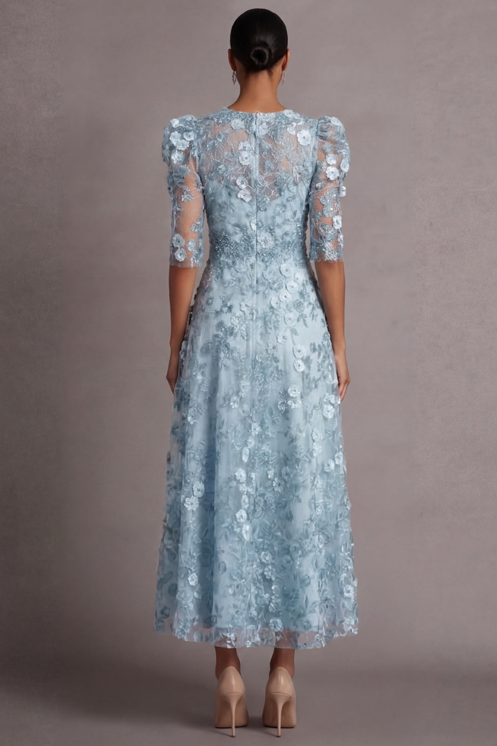 Light Blue Floral A Line Appliqued Puff Sleeves Midi Wedding Guest Dress
