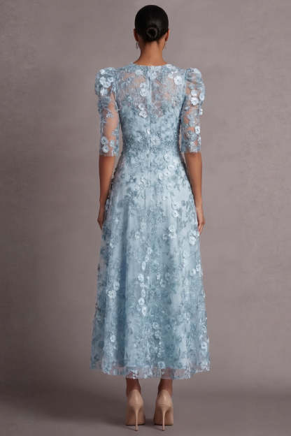 Light Blue Floral A Line Appliqued Puff Sleeves Midi Wedding Guest Dress