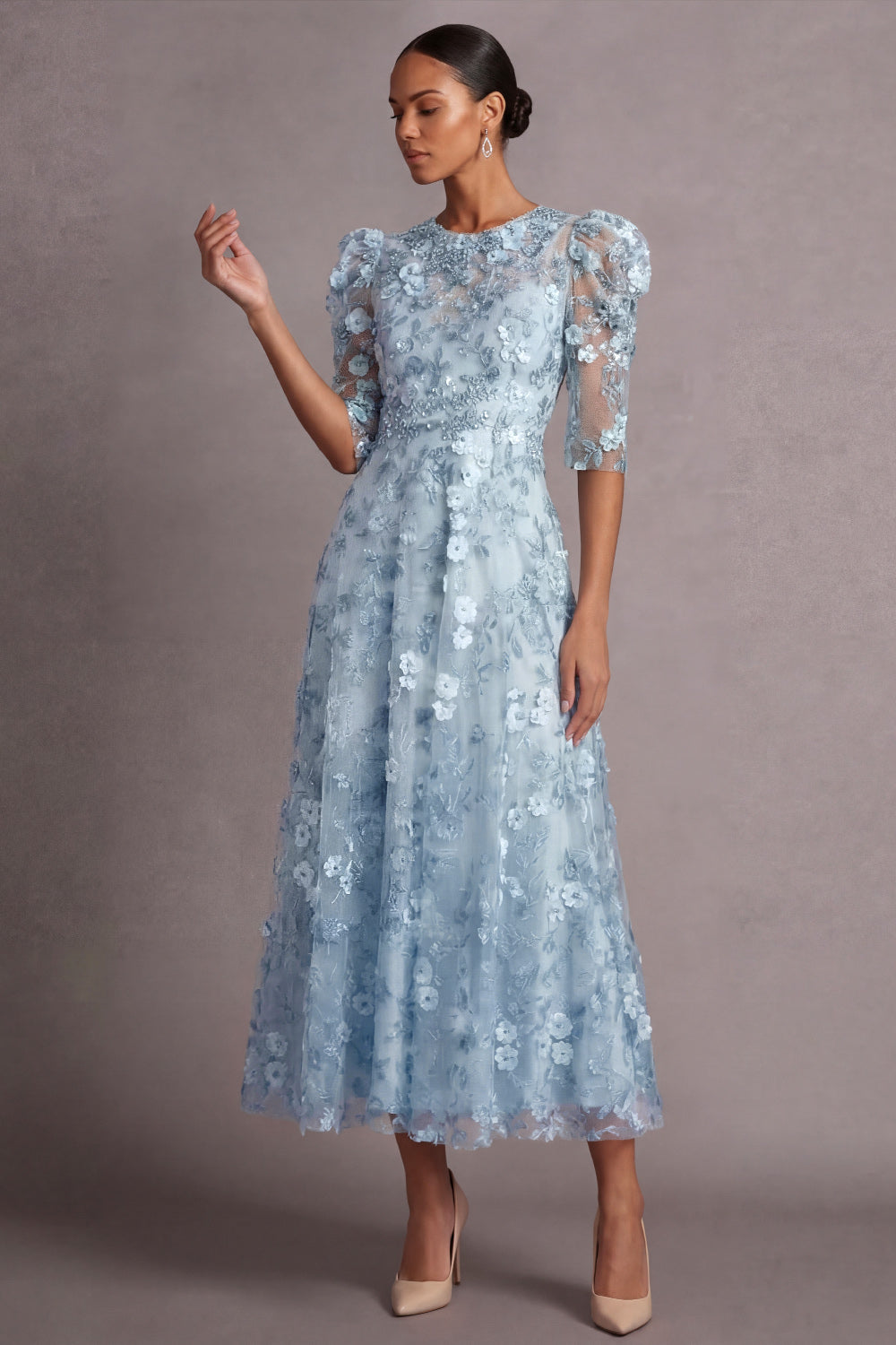 Light Blue Floral A Line Appliqued Puff Sleeves Midi Wedding Guest Dress