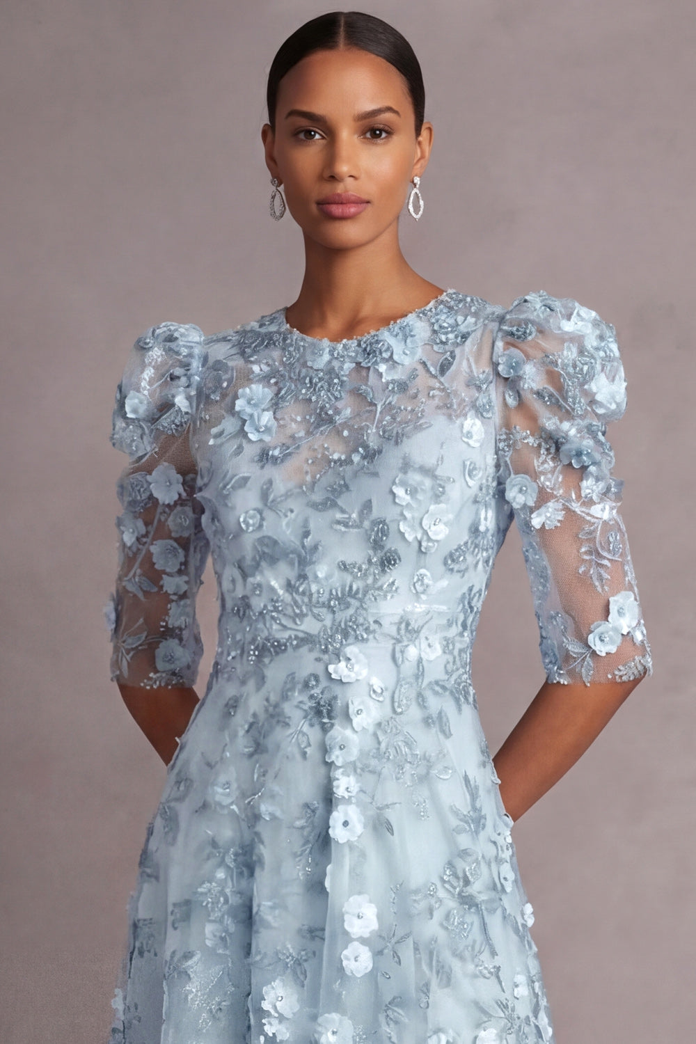 Light Blue Floral A Line Appliqued Puff Sleeves Midi Wedding Guest Dress