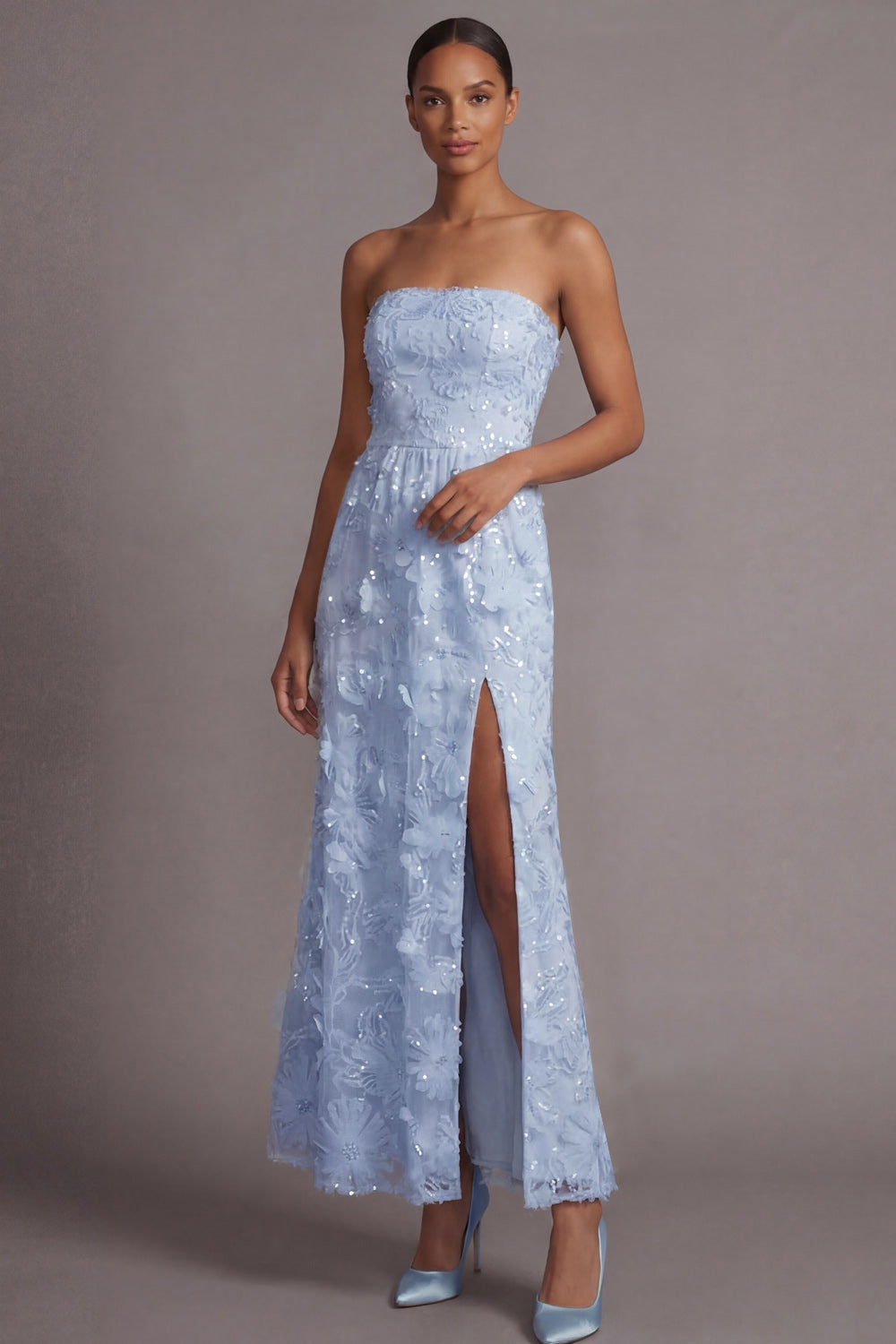 Sparkly Light Blue A Line Sequined Floral Appliqued Long Wedding Guest Dress