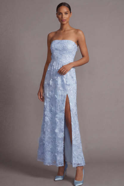 Leely Women Sparkly Light Blue A Line Floral Long Wedding Guest Dress Sequined Appliqued Garden Party Dress with Slit