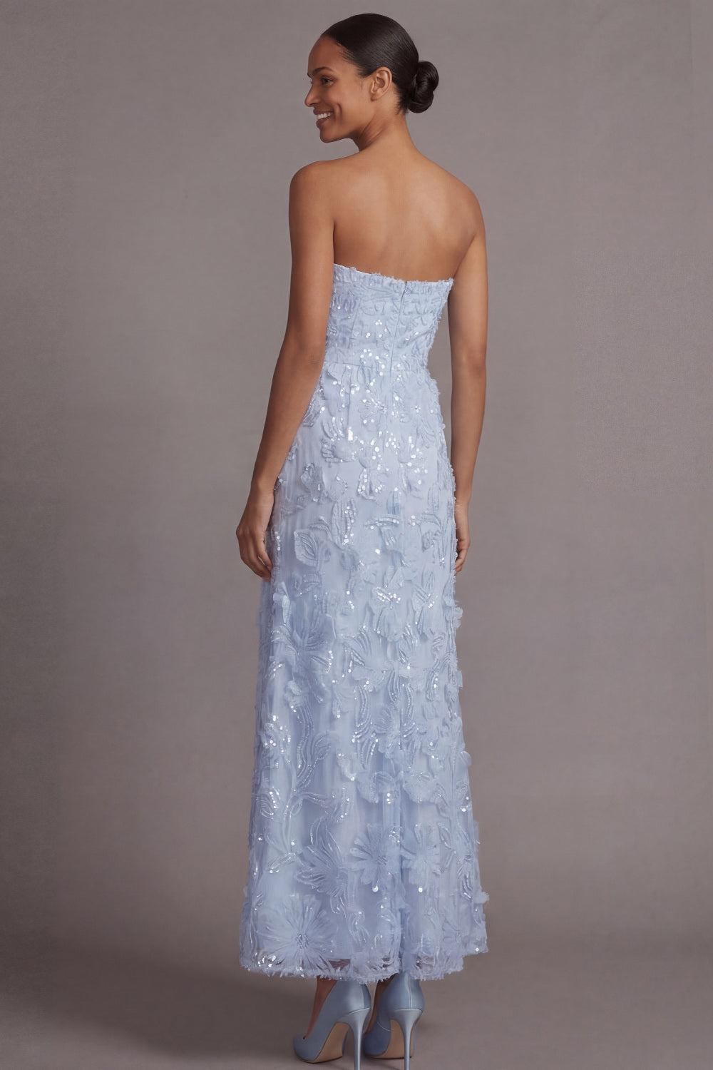 Sparkly Light Blue A Line Sequined Floral Appliqued Long Wedding Guest Dress