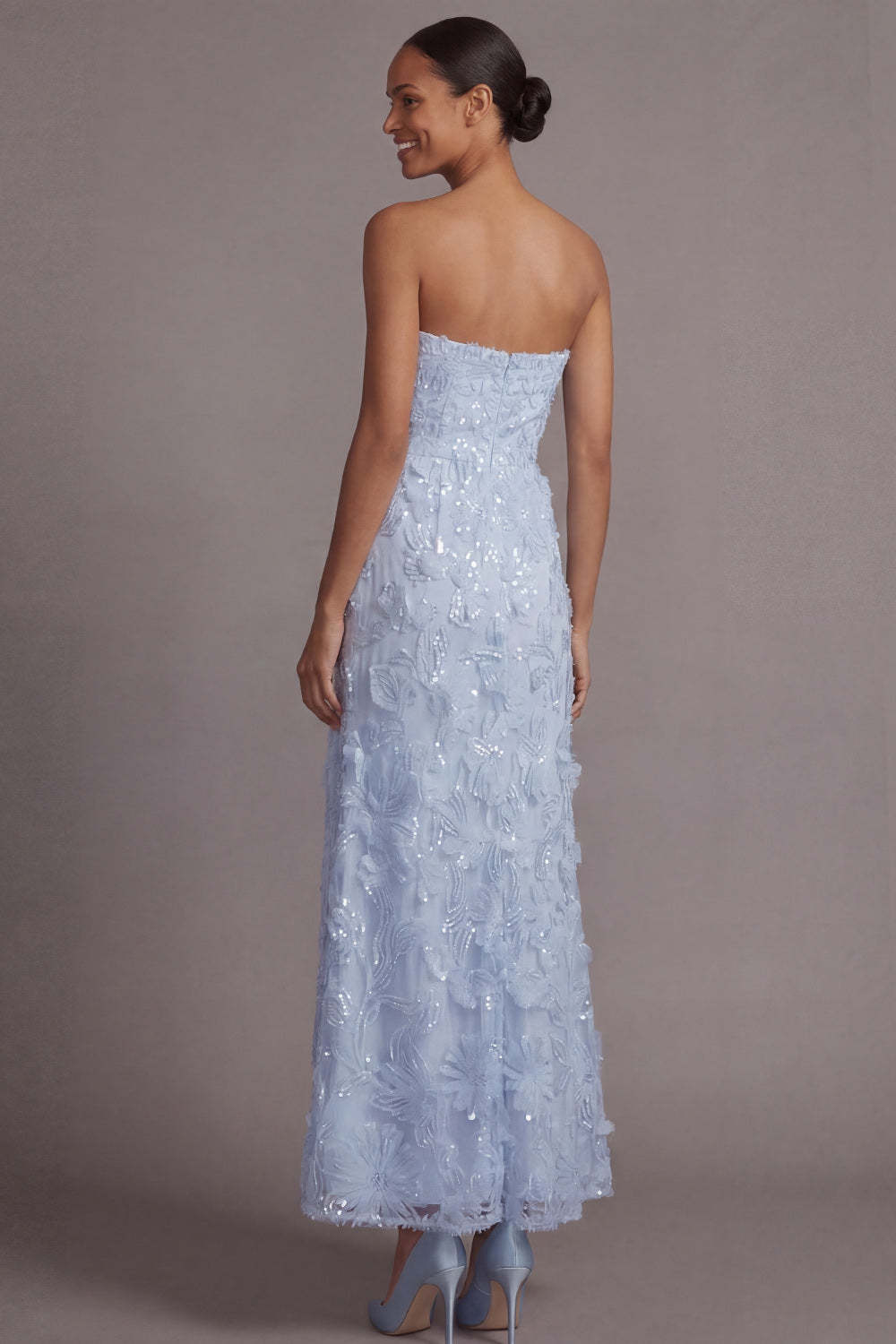 Sparkly Light Blue A Line Sequined Floral Appliqued Long Wedding Guest Dress