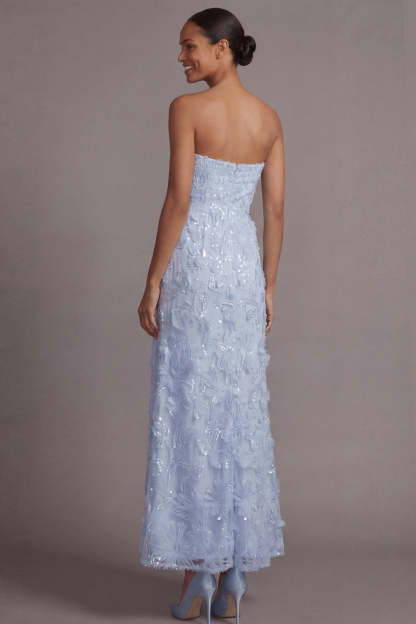 Sparkly Light Blue A Line Sequined Floral Appliqued Long Wedding Guest Dress