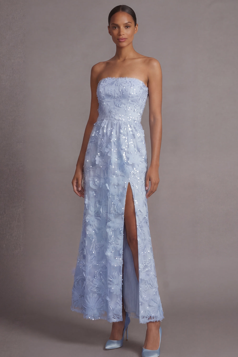Sparkly Light Blue A Line Sequined Floral Appliqued Long Wedding Guest Dress