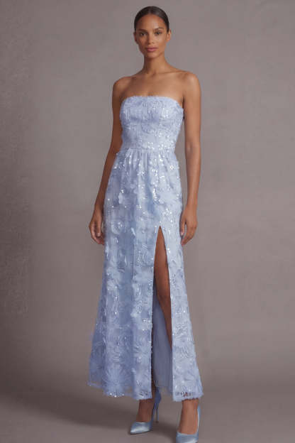 Sparkly Light Blue A Line Sequined Floral Appliqued Long Wedding Guest Dress