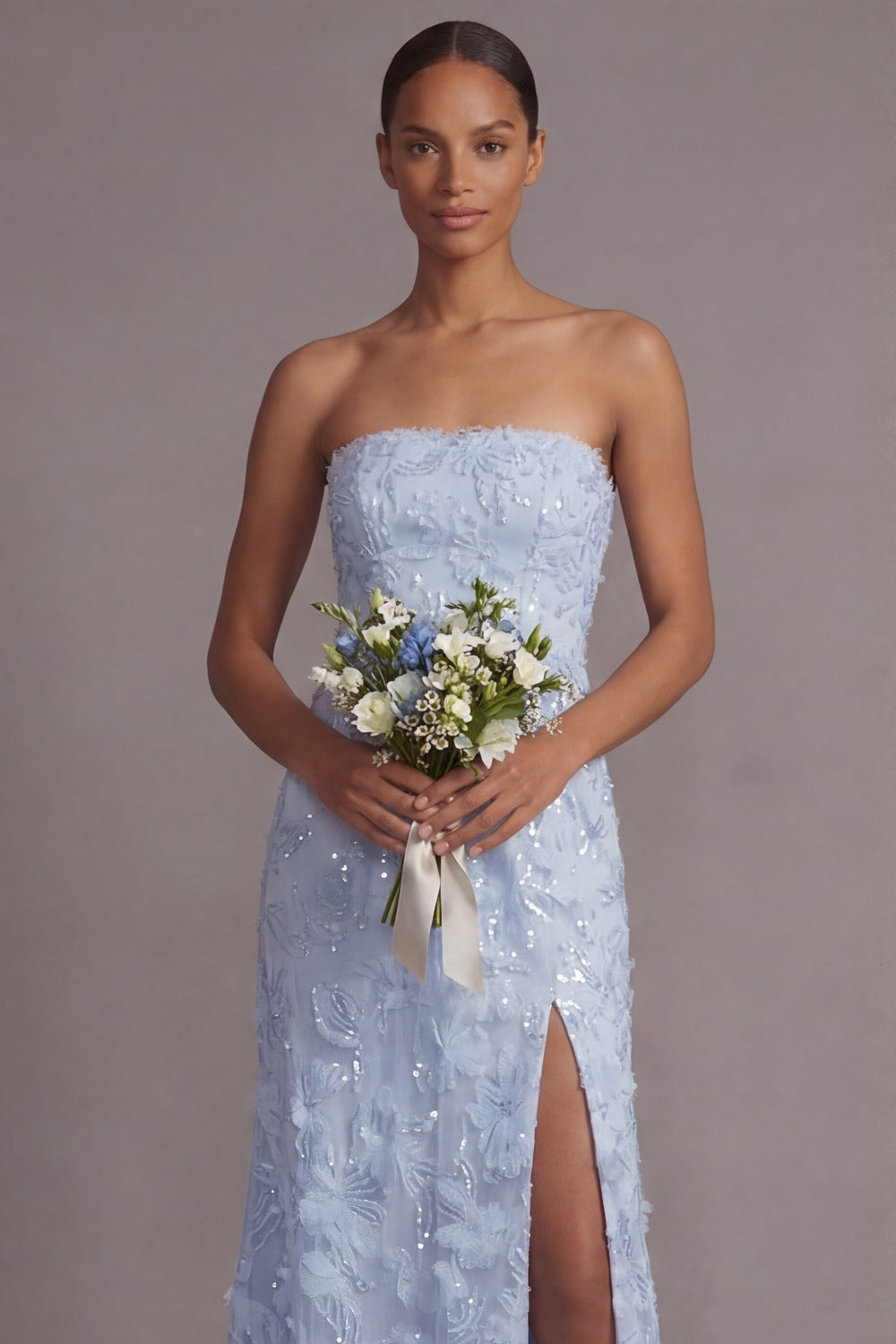 Sparkly Light Blue A Line Sequined Floral Appliqued Long Wedding Guest Dress