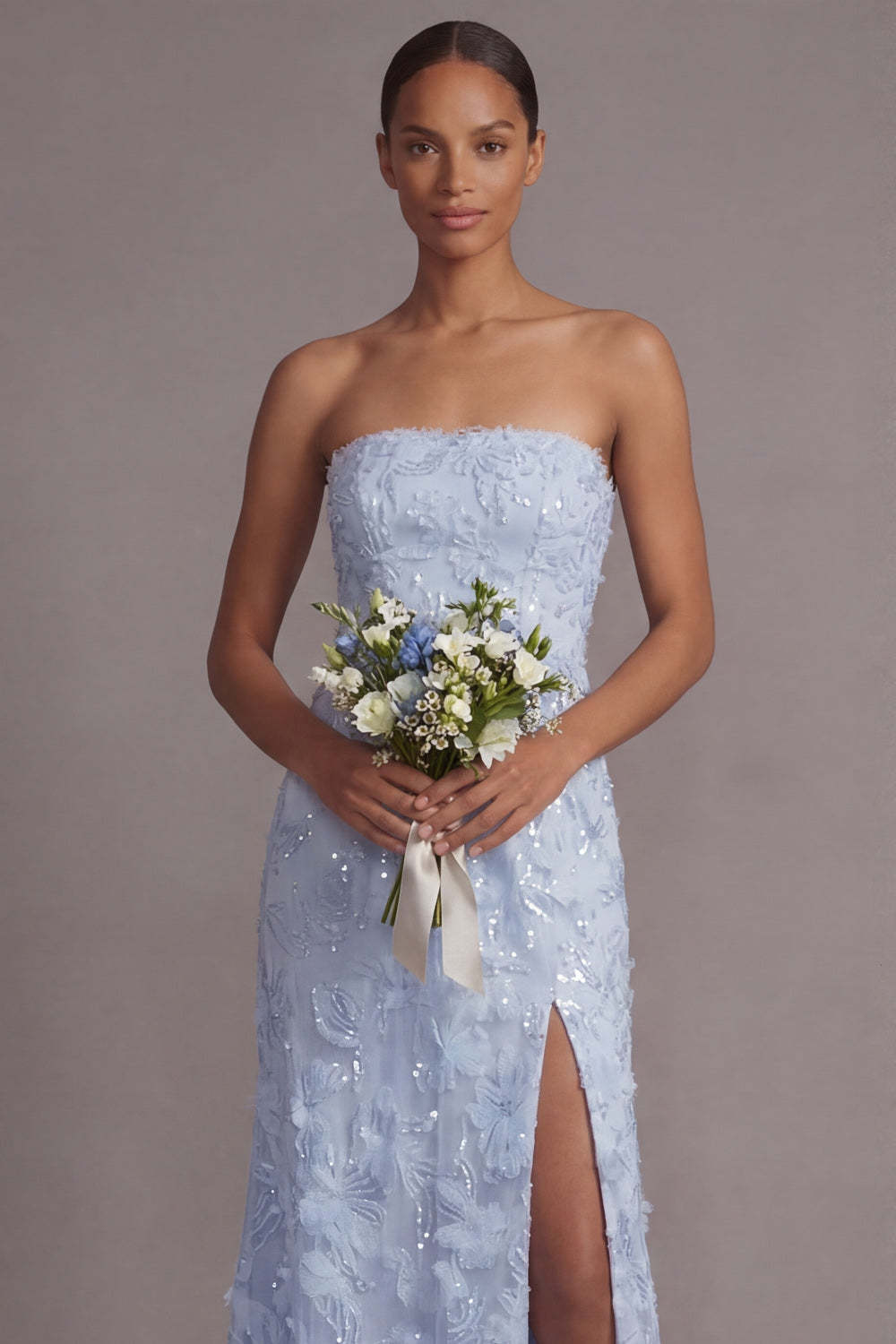 Sparkly Light Blue A Line Sequined Floral Appliqued Long Wedding Guest Dress