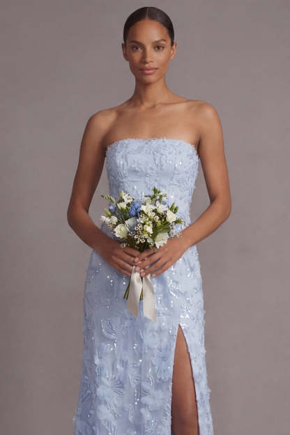 Sparkly Light Blue A Line Sequined Floral Appliqued Long Wedding Guest Dress