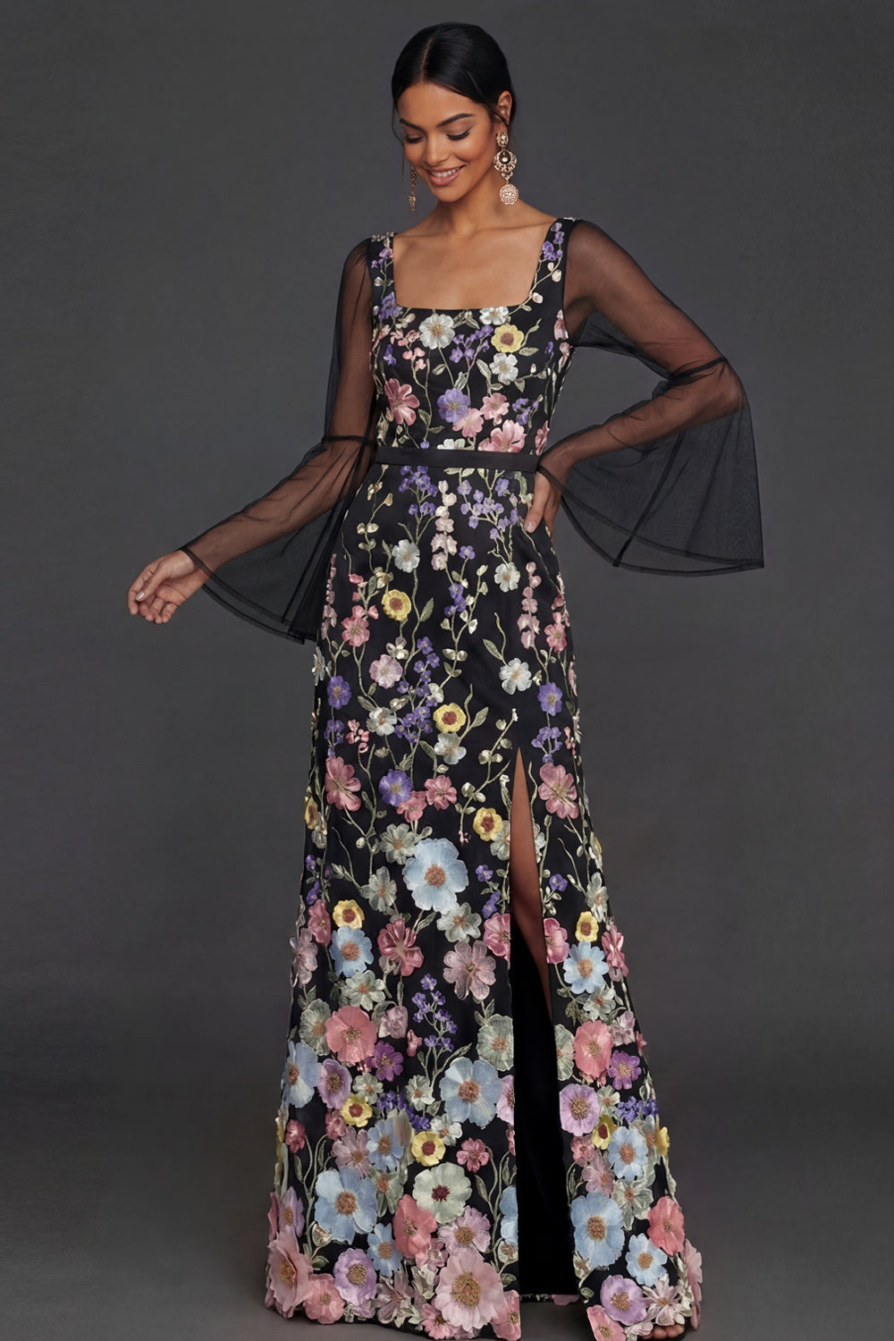 Black Floral Appliqued Flutter Sleeves Sheath Long Wedding Guest Dress with Slit