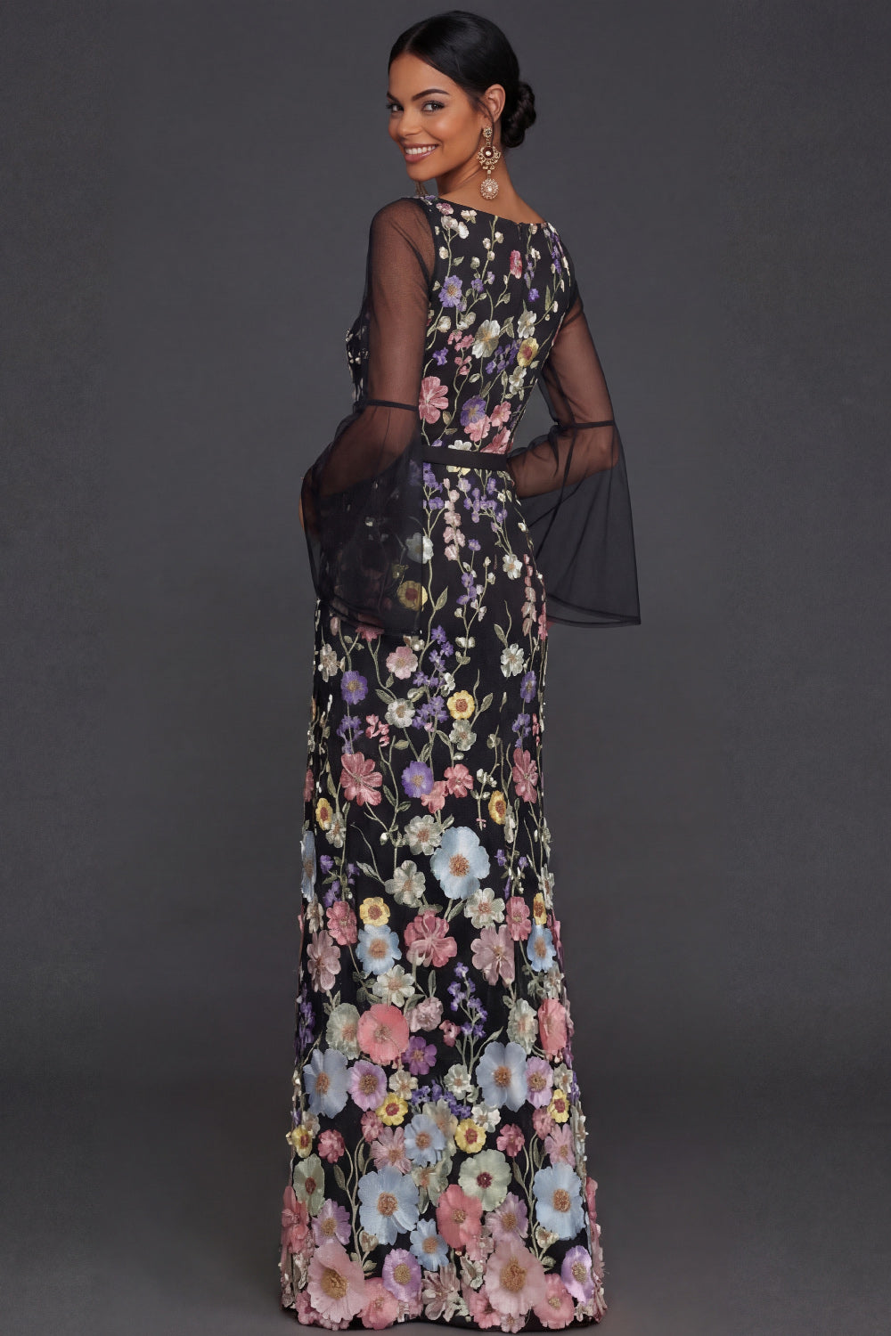 Black Floral Appliqued Flutter Sleeves Sheath Long Wedding Guest Dress with Slit