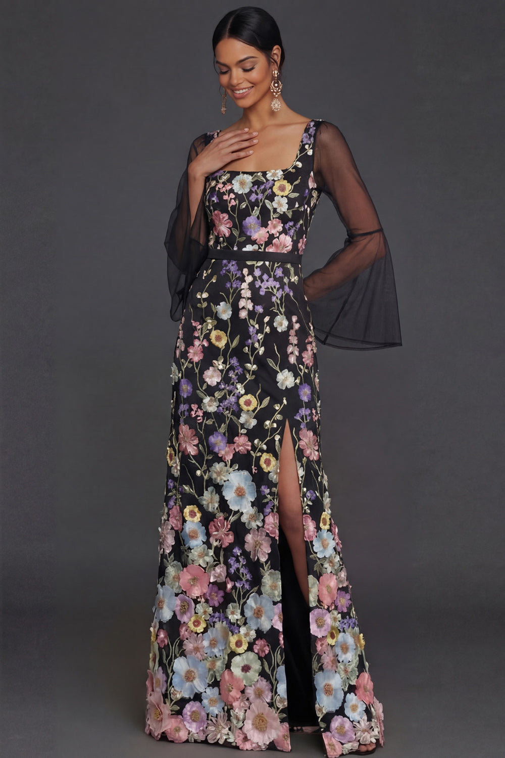 Black Floral Appliqued Flutter Sleeves Sheath Long Wedding Guest Dress with Slit