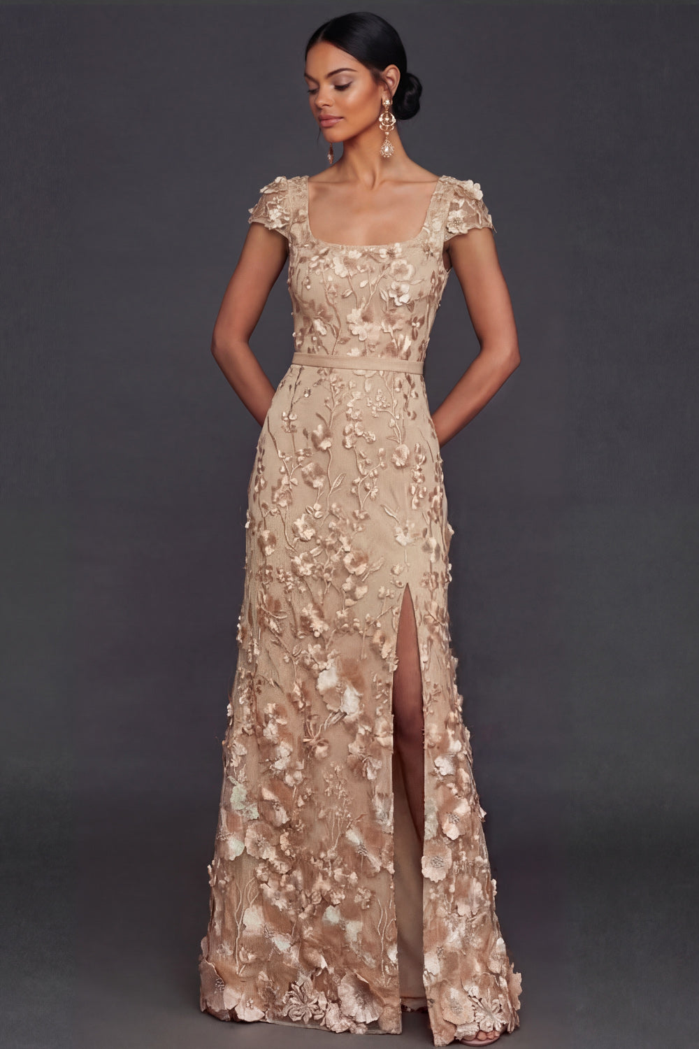 Champagne Floral Appliqued Sheath Long Formal Dress with Slit