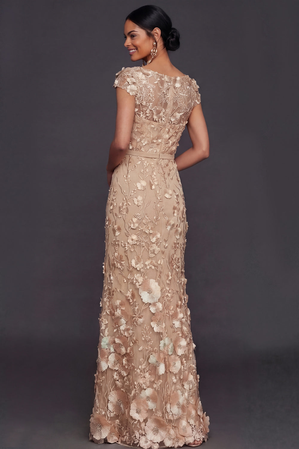 Champagne Floral Appliqued Sheath Long Formal Dress with Slit