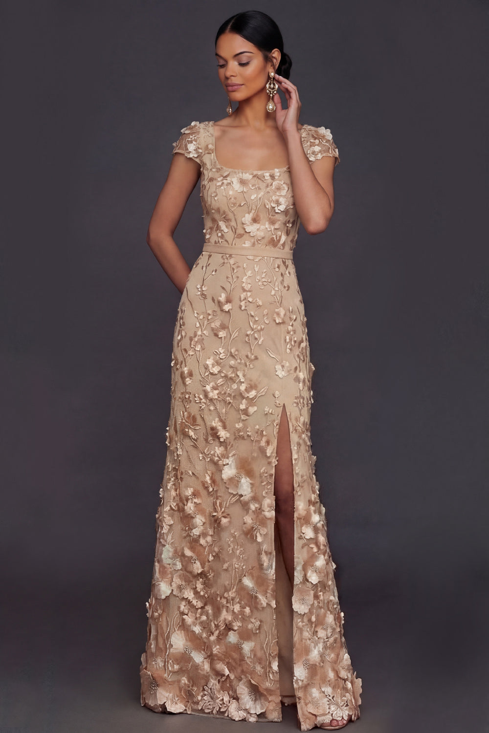 Leely Women Champagne Floral Sheath Long Formal Dress with Slit Square Neck Appliqued Garden Party Dress