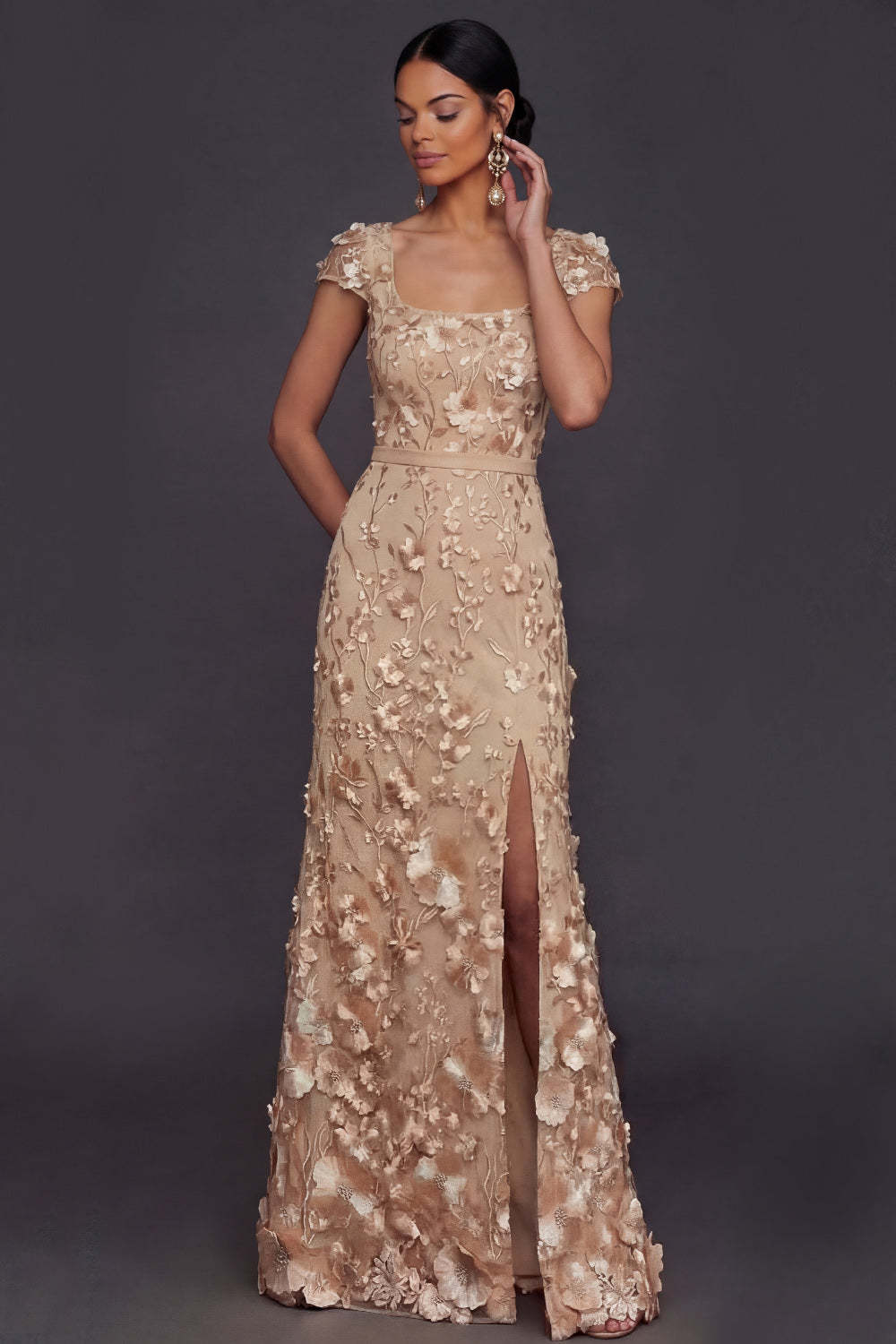 Leely Women Champagne Floral Sheath Long Formal Dress with Slit Square Neck Appliqued Garden Party Dress