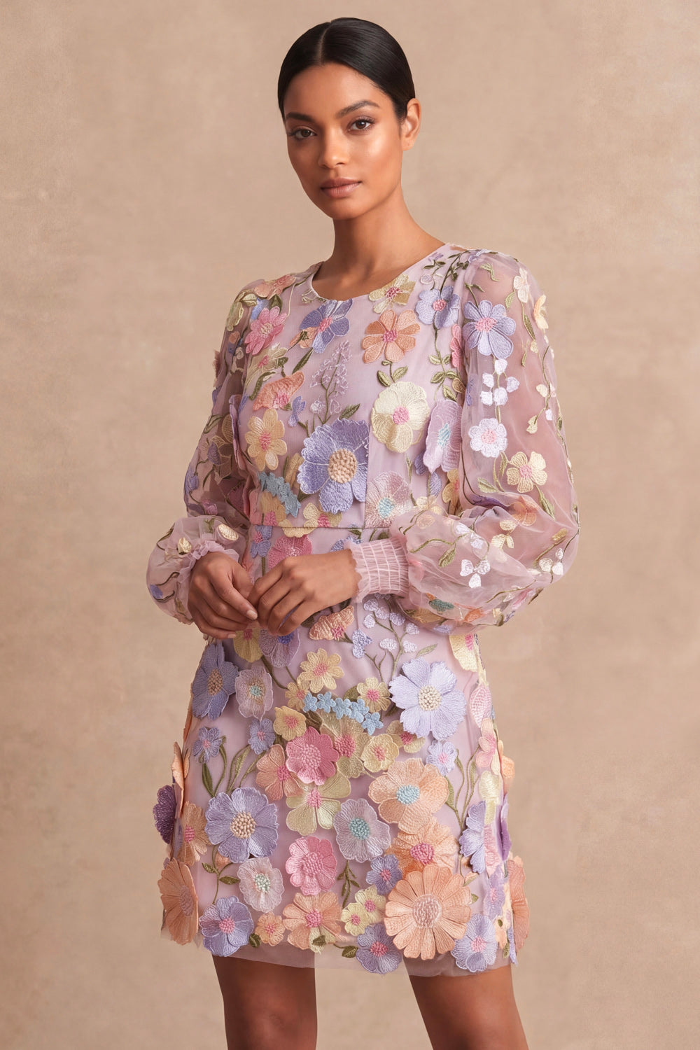 Lilac Long Sleeves Floral Appliqued Short Wedding Guest Dress