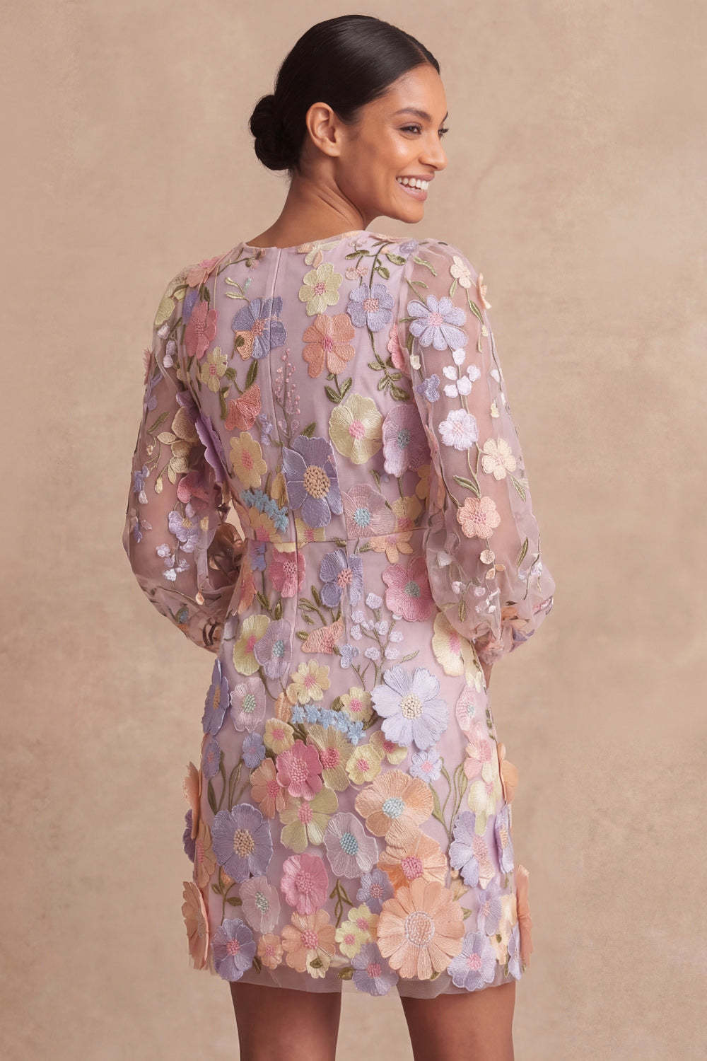 Lilac Long Sleeves Floral Appliqued Short Wedding Guest Dress