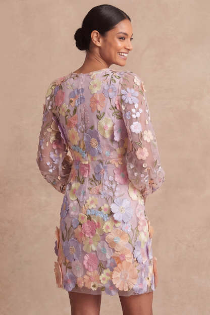 Lilac Long Sleeves Floral Appliqued Short Wedding Guest Dress