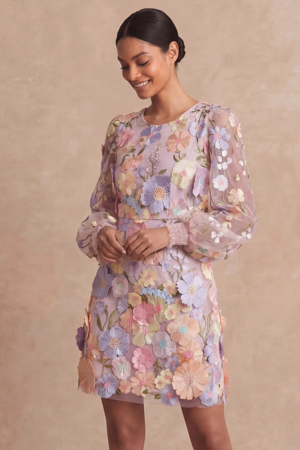 Lilac Long Sleeves Floral Appliqued Short Wedding Guest Dress