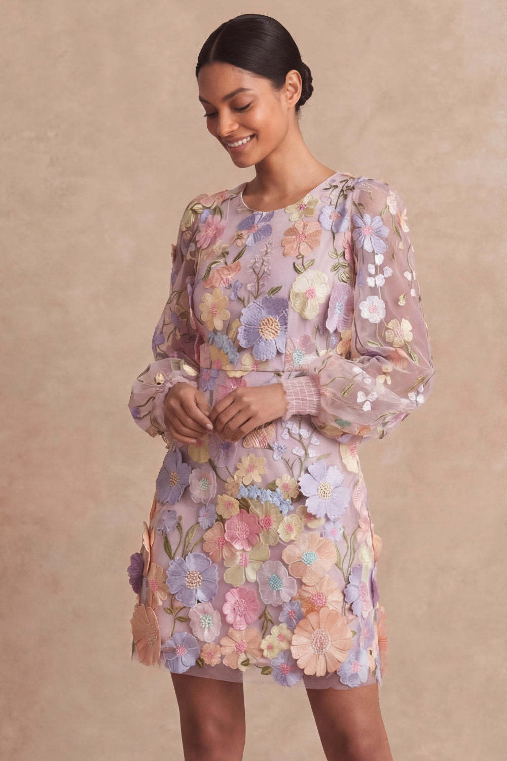 Leely Women Lilac Long Sleeves Floral Short Wedding Guest Dress Round Neck Appliqued Garden Party Dress