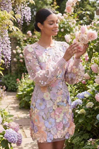 Lilac Long Sleeves Floral Appliqued Short Wedding Guest Dress