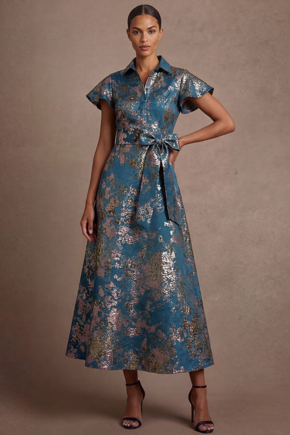 Blue Floral A Line Collar Neck Short Sleeves Midi Formal Dress