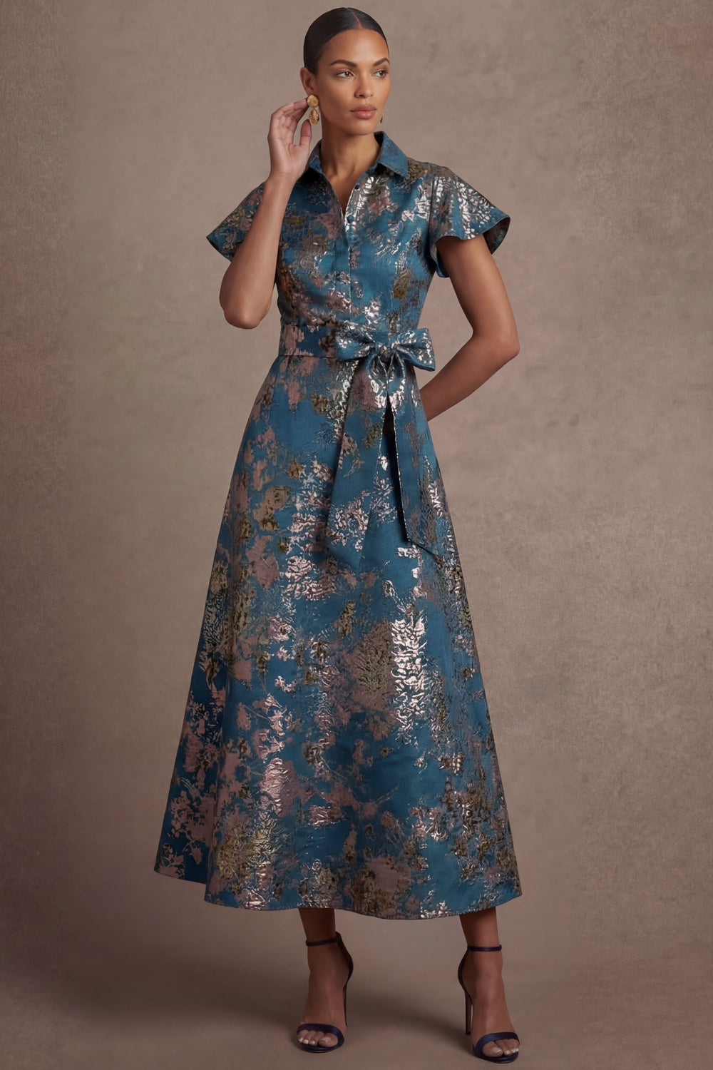Blue Floral A Line Collar Neck Short Sleeves Midi Formal Dress