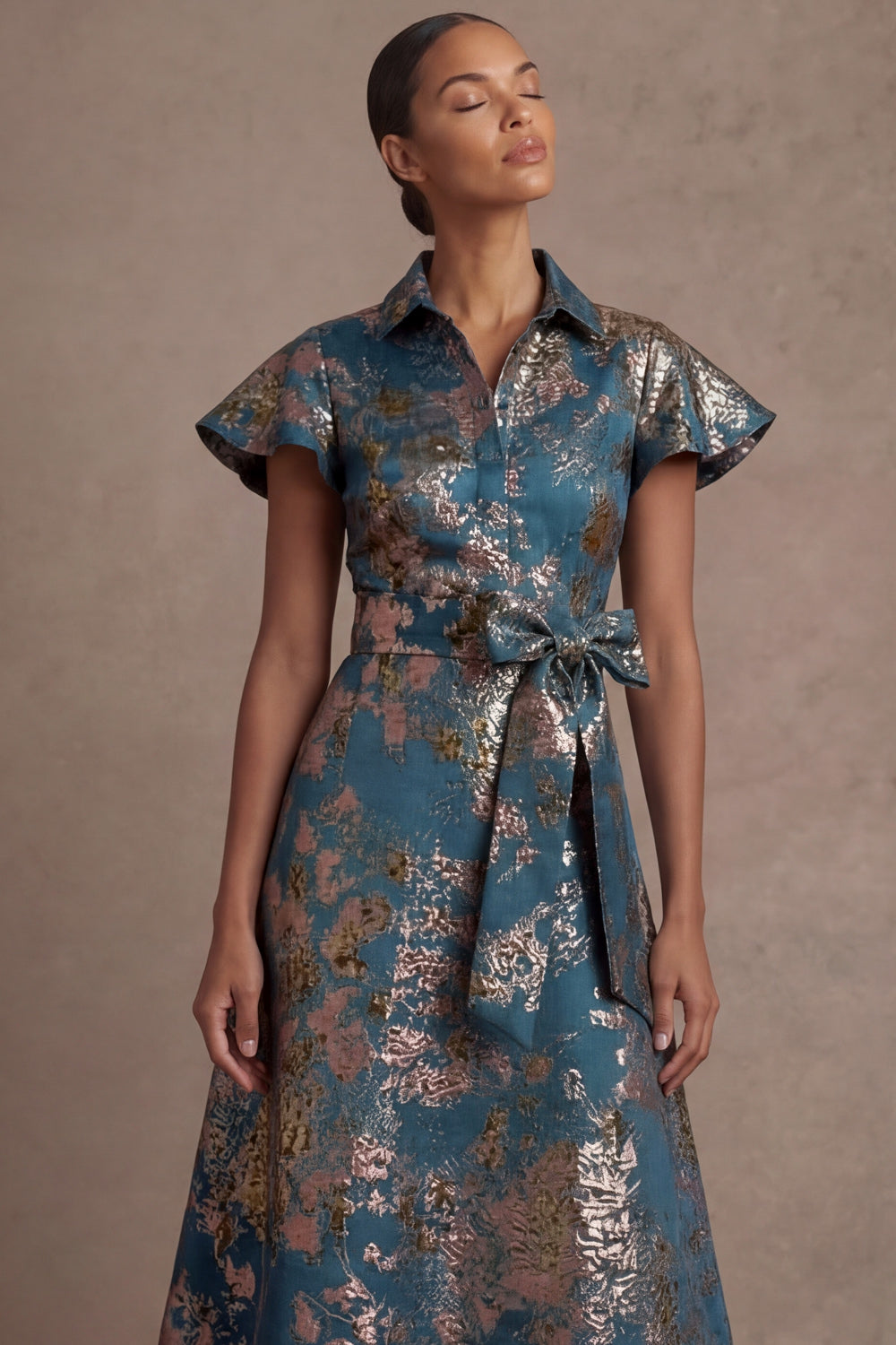 Blue Floral A Line Collar Neck Short Sleeves Midi Formal Dress