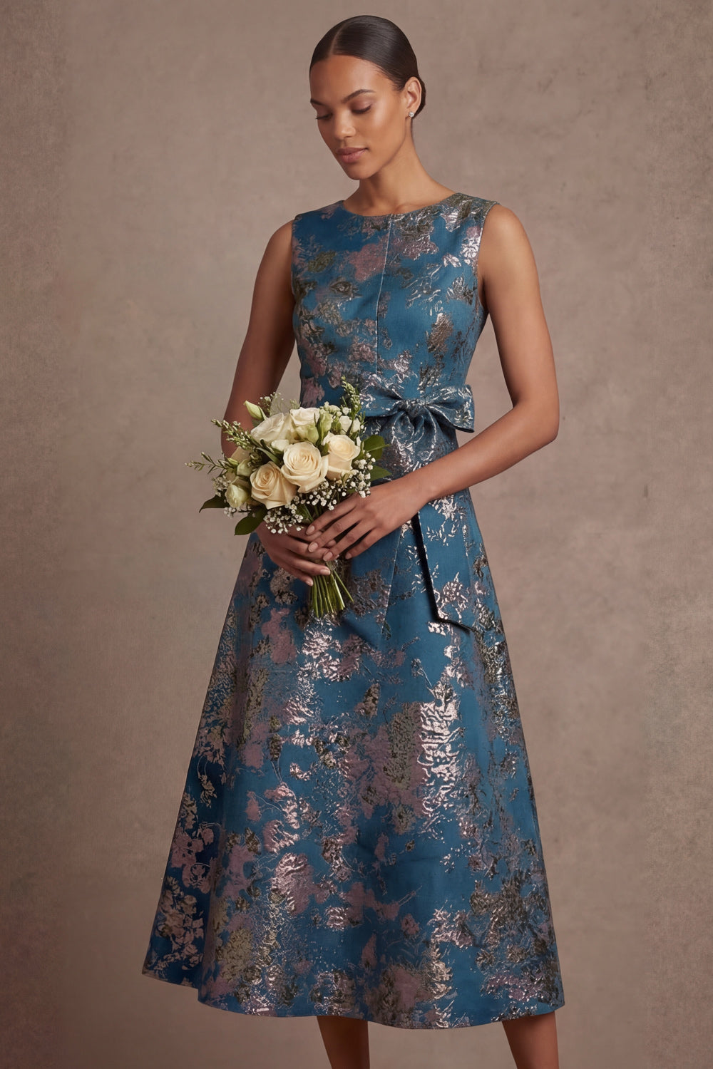 Floral A Line Blue Round Neck Sleeveless Midi Wedding Guest Dress