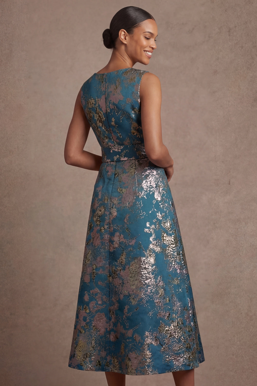 Floral A Line Blue Round Neck Sleeveless Midi Wedding Guest Dress