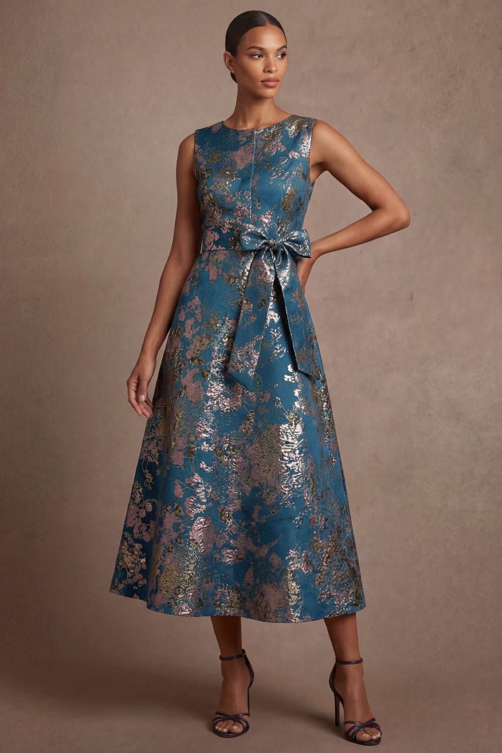Floral A Line Blue Round Neck Sleeveless Midi Wedding Guest Dress