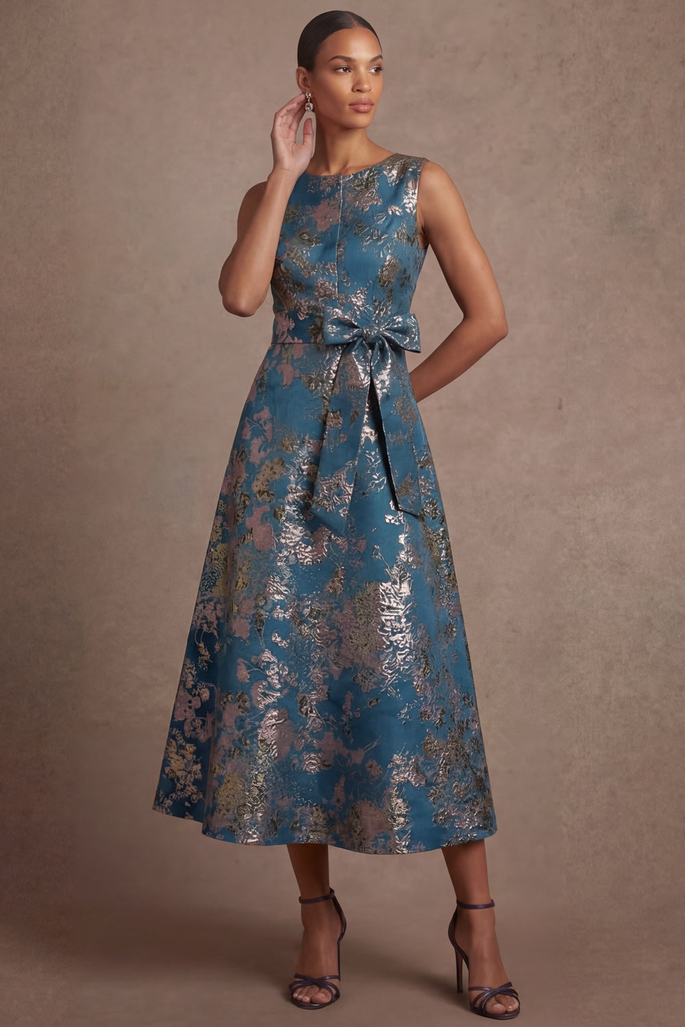 Floral A Line Blue Round Neck Sleeveless Midi Wedding Guest Dress