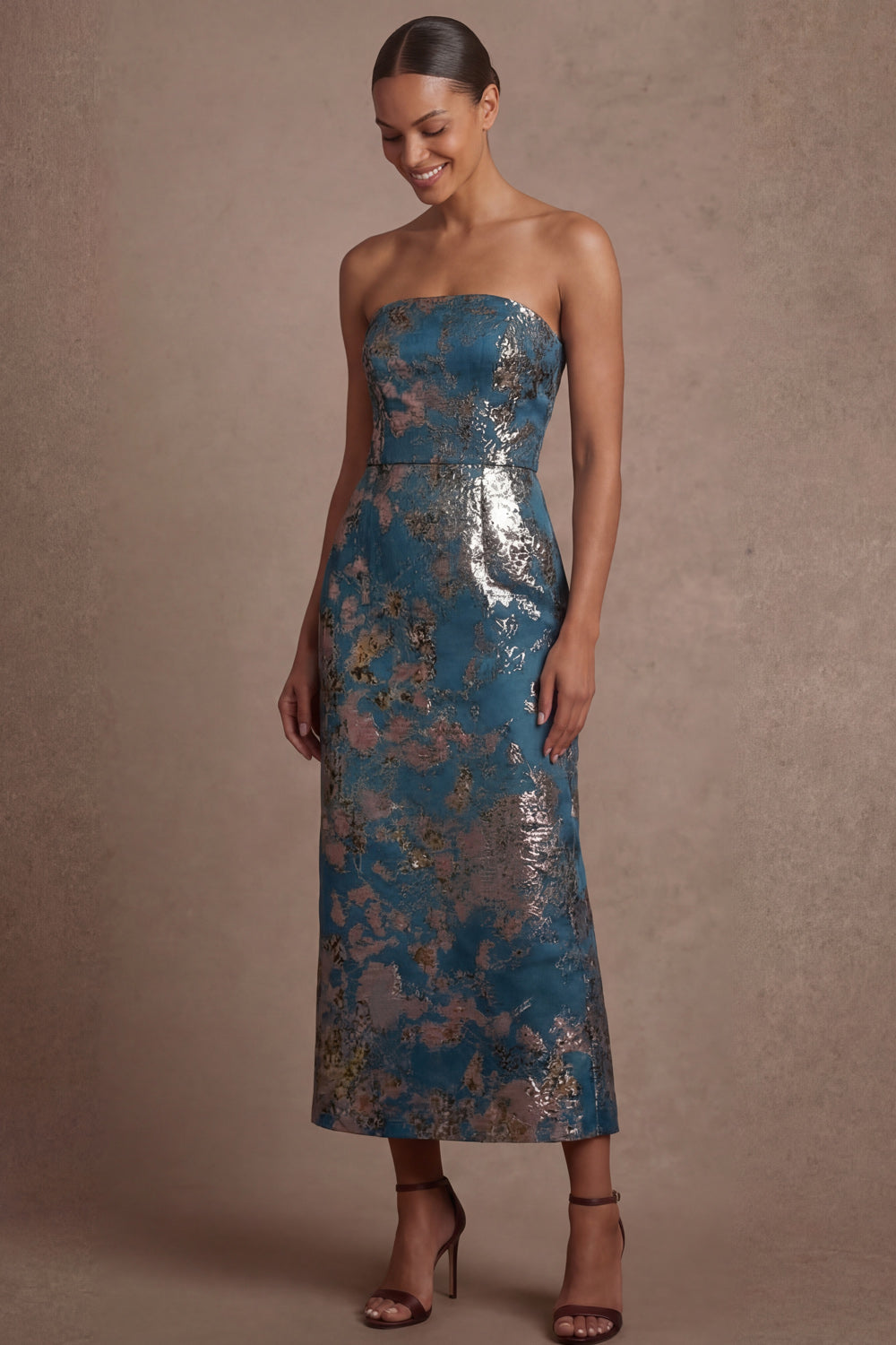 Blue Floral Sheath Strapless Backless Midi Wedding Guest Dress