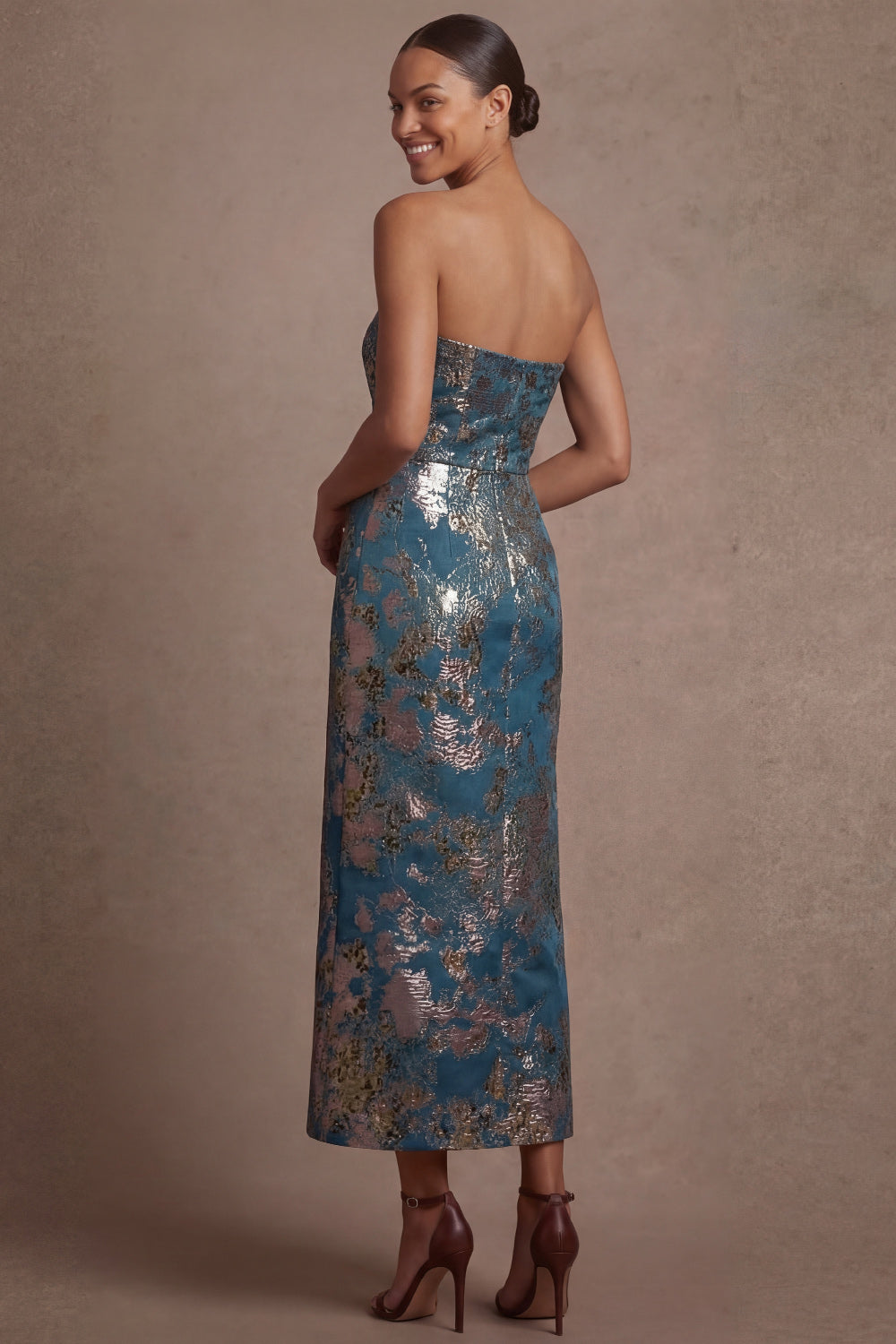 Blue Floral Sheath Strapless Backless Midi Wedding Guest Dress