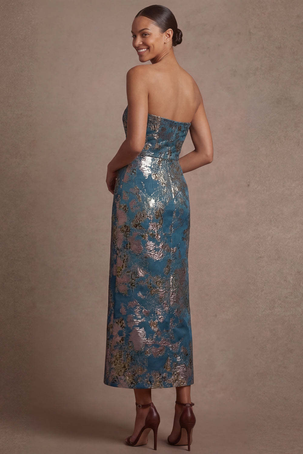 Blue Floral Sheath Strapless Backless Midi Wedding Guest Dress