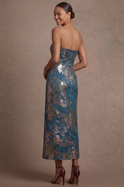 Blue Floral Sheath Strapless Backless Midi Wedding Guest Dress
