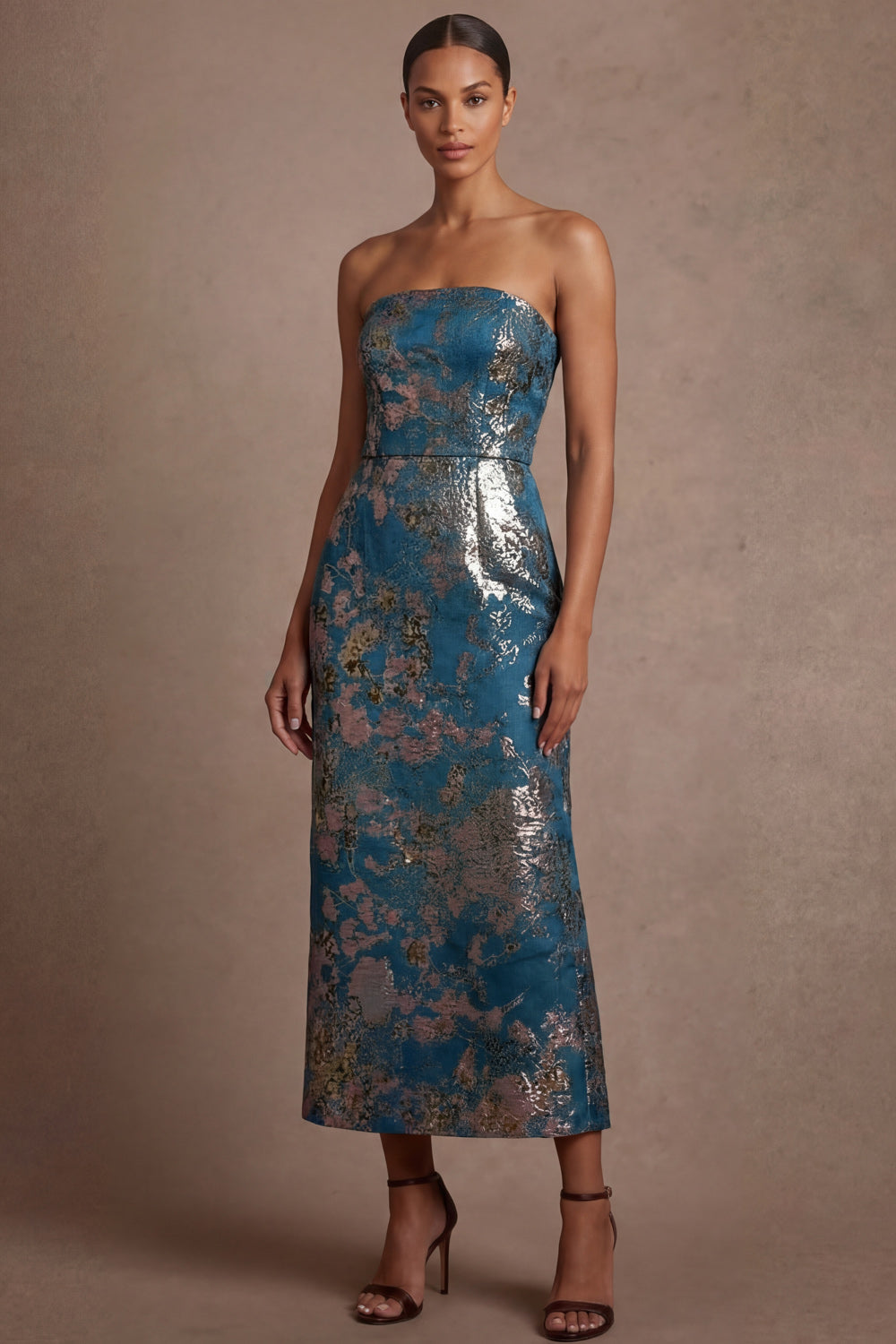 Blue Floral Sheath Strapless Backless Midi Wedding Guest Dress