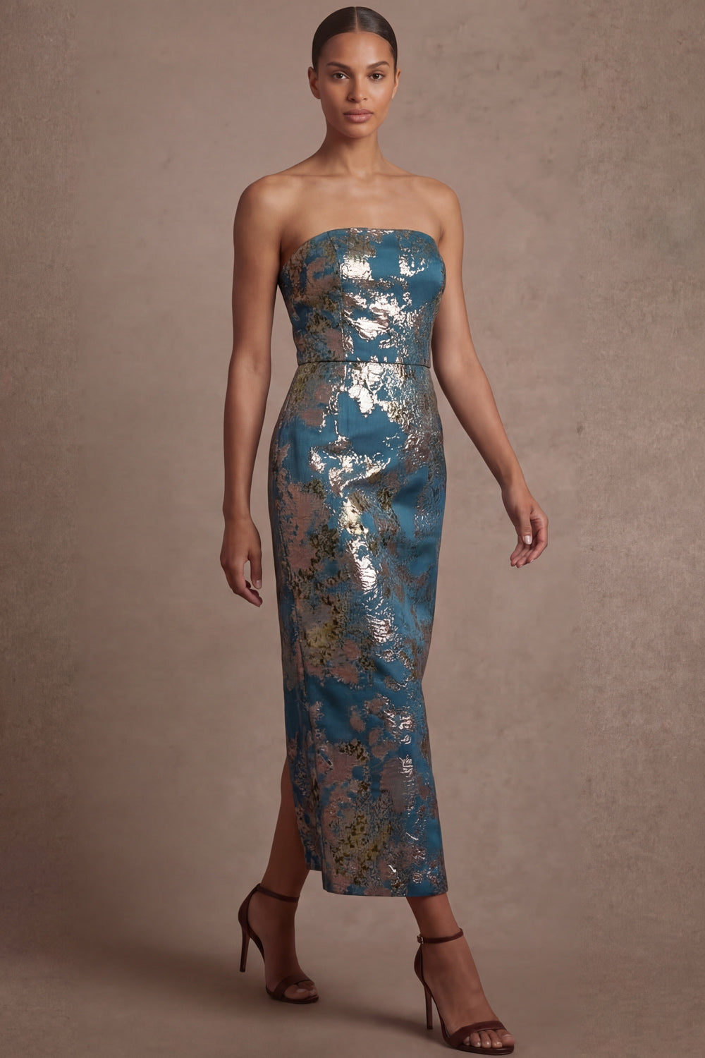 Blue Floral Sheath Strapless Backless Midi Wedding Guest Dress
