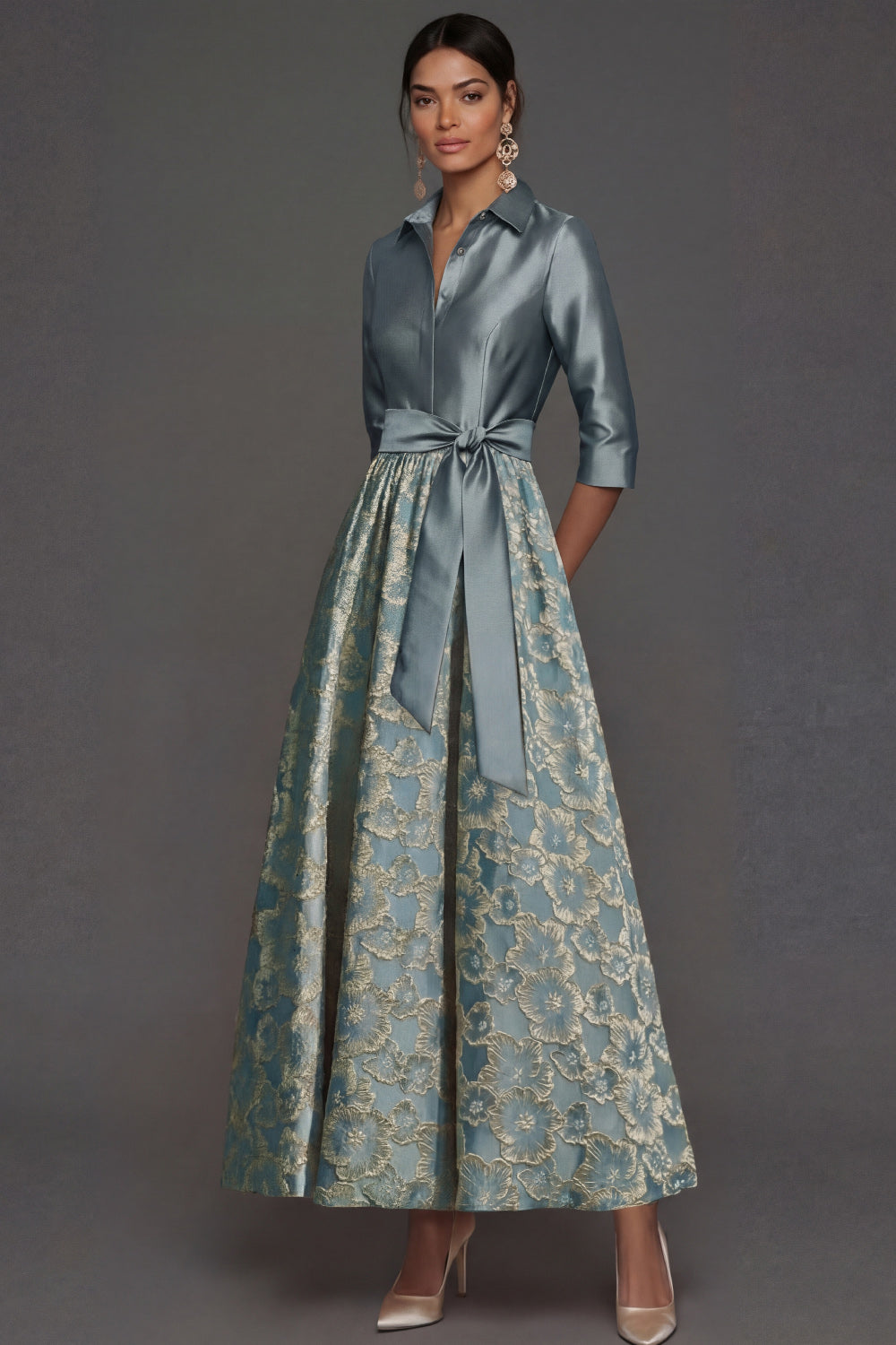 Dusty Blue Collar Neck A Line Floral Long Formal Dress with Bow