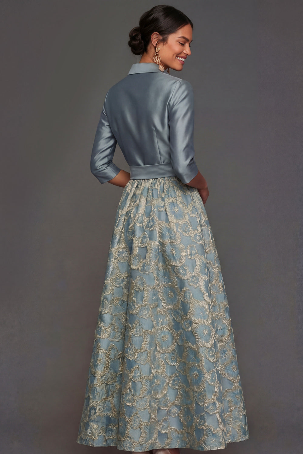 Dusty Blue Collar Neck A Line Floral Long Formal Dress with Bow