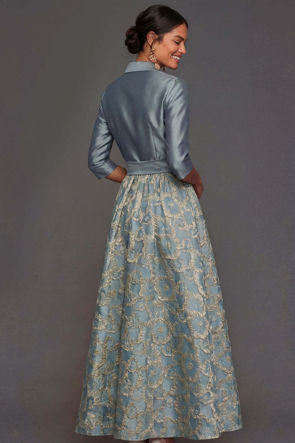 Dusty Blue Collar Neck A Line Floral Long Formal Dress with Bow