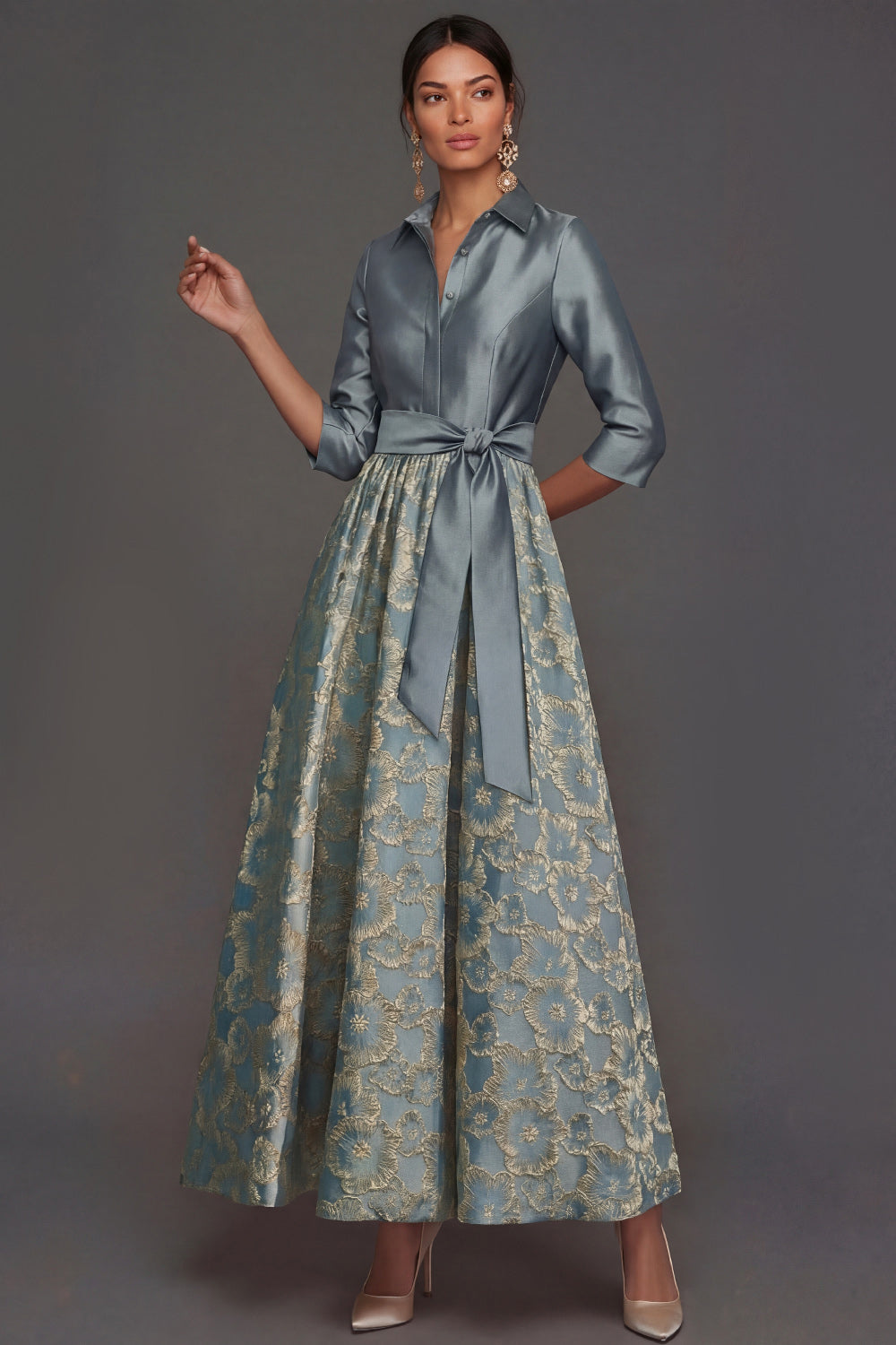 Dusty Blue Collar Neck A Line Floral Long Formal Dress with Bow