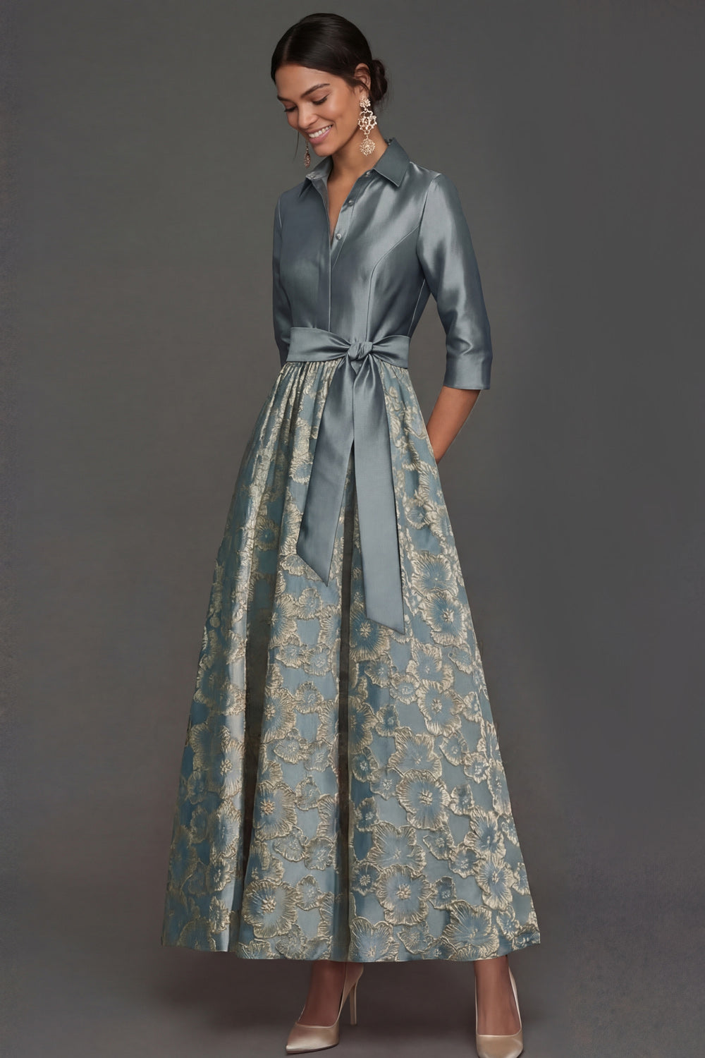 Dusty Blue Collar Neck A Line Floral Long Formal Dress with Bow