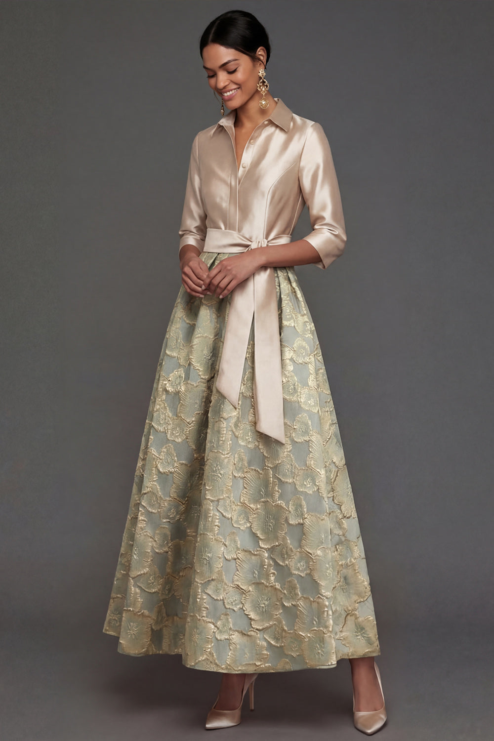 Leely Women Champagne A Line Collar Neck Floral Midi Formal Dress Long Sleeves Satin Evening Dress with Bow