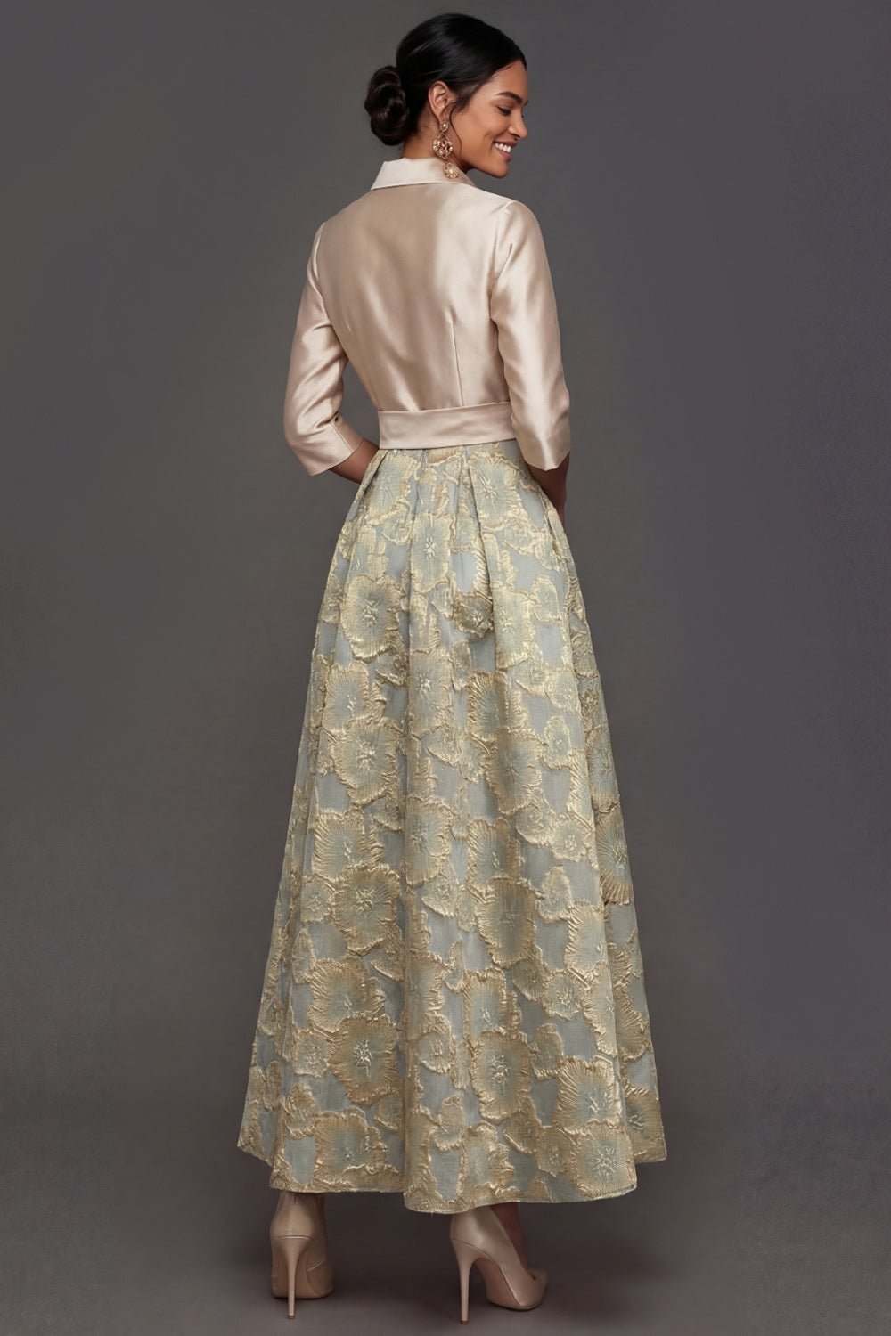Champagne A Line Collar Neck Floral Midi Formal Dress