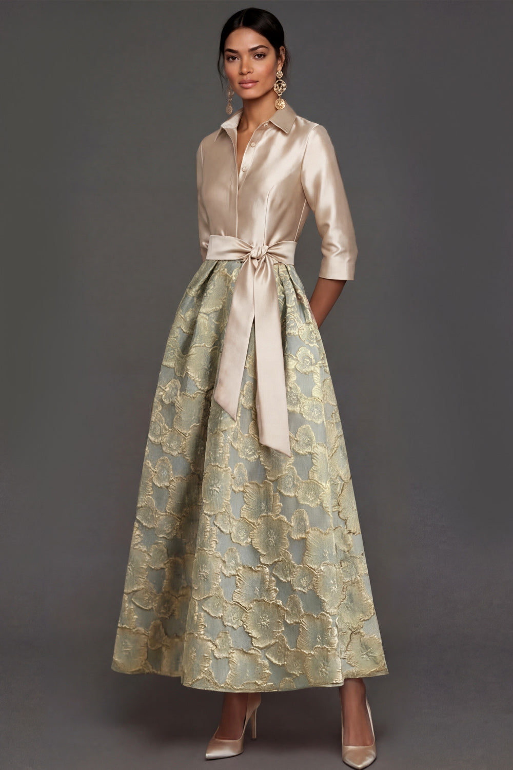Champagne A Line Collar Neck Floral Midi Formal Dress