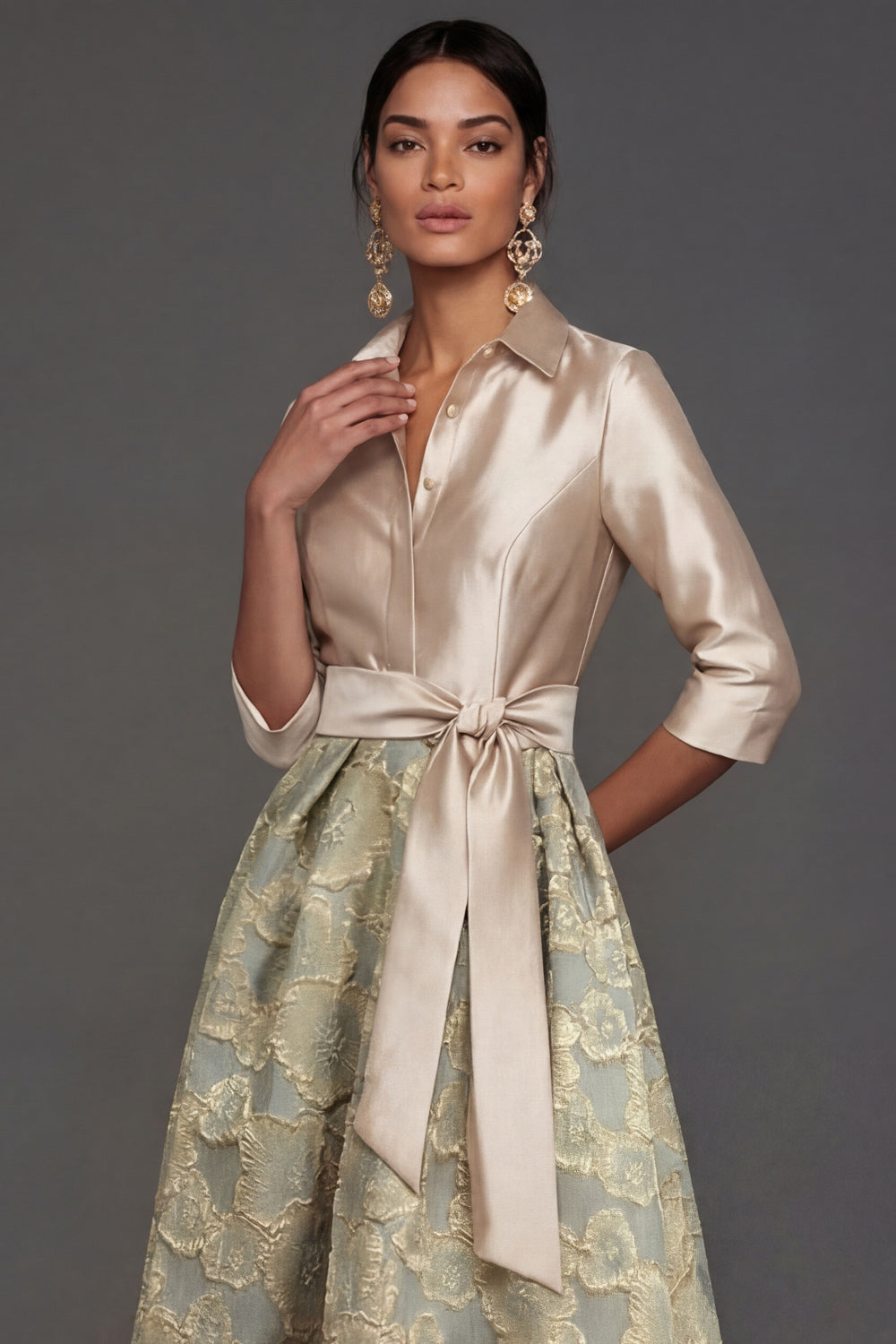 Champagne A Line Collar Neck Floral Midi Formal Dress