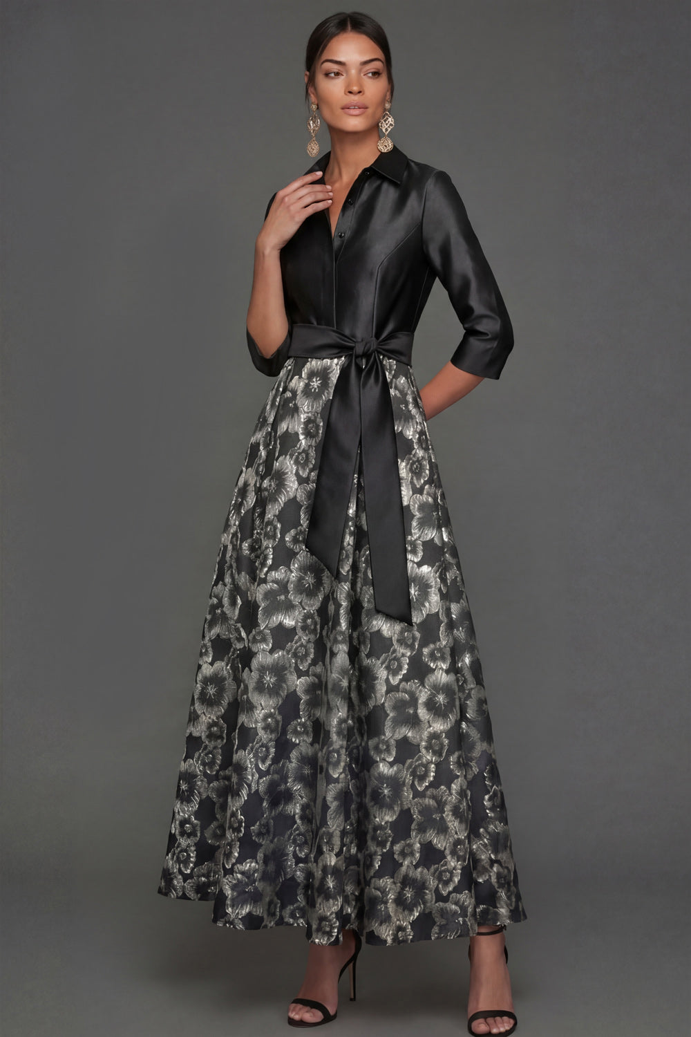 Black A Line Floral Collar Neck Satin Long Formal Dress